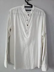 リネン 白 ヘンリーネック シャツ