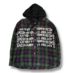 I AM NOT A HUMAN BEING(アイアムノットアヒューマンビーイング) グリーン レッド CHECK フード Tシャツ XL