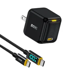 新品 AOHI 65W 充電器 Type-C 液晶ケーブル付属(1.2ｍ) 【Gan+搭載(超小型・高効率充電・過熱防止)/PD PPS/PSE認証/充電ステータスライト】 MacBook pro iPhone Android Samsung Galaxy i