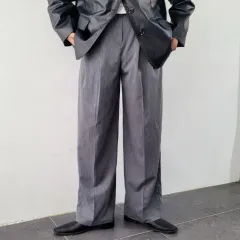 メンズ Classic ストライプ ツータック ウエスト後ろゴム ワイド スラックス 2COLOR