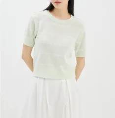 SPAO(スパオ) クロップド ブークレ ストライプ 半袖ニット s ライトグリーン