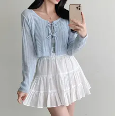 華奢 リボン 長袖 ボレロ 夏 カーディガン (スカイブルー)