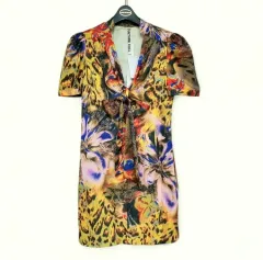 55 新品 レディース カルチャーコール ワンピース プリント リボン パフスリーブ 半袖