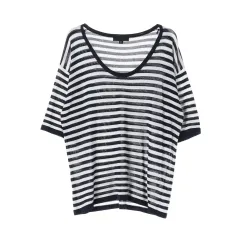 M ZARA(ザラ) リネン ネイビー ストライプ 半袖 Tシャツ