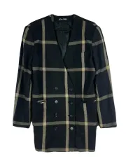 M CLE DES ZONES ウール 100 % チェック柄 ノンカラ ダブルジャケット