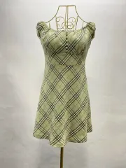 ライトグリーン チェック ミニ ワンピース スクエアネック