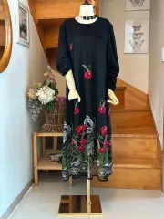 フラワー 刺繡 黒 ロング ワンピース