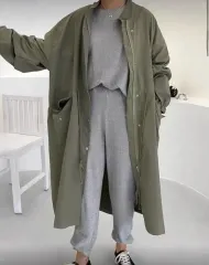 レディース オーバーサイズ コットン ロング ジップアップ ブルゾン カーキ BIGサイズ アウター ジャケット