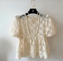 パフ半袖 白 夏 レース コットン シャーリング刺繍 ブラウス