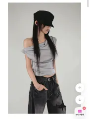 シックウィン ワンオフショルダー アシンメトリー ルーズTシャツ (ブラック)