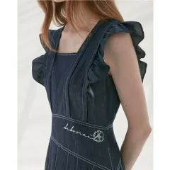 21年 EGOIST フリル デニム アシンメトリー 刺繍 ロング丈ワンピース プリーツ エプロン ノースリーブ