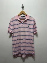 メンズ ポロラルフローレン ピンク ストライプ 半袖 カラーTシャツ M