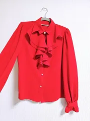 パール ボタン ネックLINE フリル ブラウス