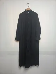 分割された シャツ 長袖 リネン ロング丈ワンピース ブラック ( F )