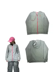 adidas(アディダス) グレー ピンク ロゴ ジップアップパーカー フード付き L