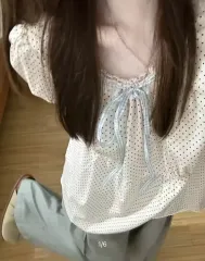 ヴィンテージ 森ガール はぐみ y2k キッチュ ドット ドット柄 リボン 半袖 パフ ブラウス