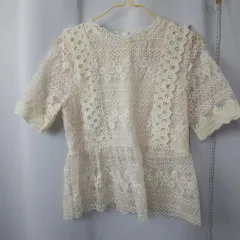 刺繍フリルレイース半袖ブラウス/ XS 44 オススメ