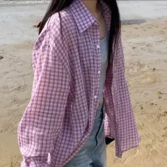 無配/トーンオーバー商品_ユニセックス ルーズフィット シアサッカー シャツ チェック柄 (PURPLE パープル)