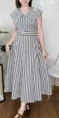 レディース ストライプ ベルト付き ノースリーブ ロング ワンピース 66