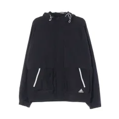 L adidas(アディダス) 3本線 黒 ビッグポケット ウインドブレーカー フード ジップアップ ブルゾン