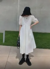 白ロング半袖パフコットンシャツ シャーリング夏ONE PIECE
