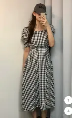 パフスリーブ チェック ロング丈ワンピース 新品