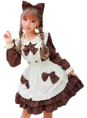 新品 [尚基製造] メイド 服 ゴスロリ 萌え コスプレ 衣装 フリル ロリータ カチューシャ 付き 4点 セット 清楚 可憐 ウェイトレス レディース ドレス 喫茶店 遊園地 可愛いメイド服 コスプレ 衣装 長袖 (L ブラウン)