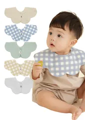 新品 [Konny] コニーベビースタイ セット Baby Bib 360°ローリング よだれかけ 吸収性・速乾性 シンプル 女の子 男の子 ベビーコーデ 出産祝い おしゃれ プレゼント 5枚-4(Mint Ivory Creamy Gingham Oa