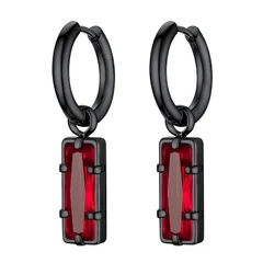 【新品】 PROSTEEL レッド 赤 ジルコニア フープピアス メンズ ブラック 316Lステンレス 大きい レクタングル シンプル お洒落 アクセサリー（レッドストーン） 0