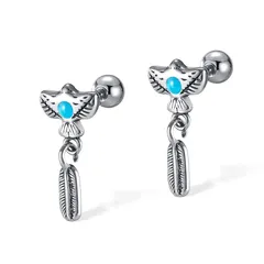 【新品】 Rockyu ピアス メンズ ステンレス 鷲モチーフ 羽根 チャーム シルバー ターコイズ 金属アレルギー対応 ネイティブアメリカン風 おしゃれ クリスマス プレゼント