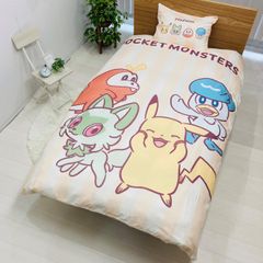 신품 MORIPiLO 포켓몬 이불 커버 세트(피카츄 파르데아프렌즈 이불 커버·베개 커버) 부드러운 피치 스킨 싱글 150x210cm 베이지 상품 귀여운 침구 커버 2점 세트 pokemon 포켓몬스터 캐릭터