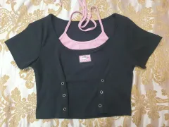 レイヤード クロップド 半袖Tシャツ ブラック/ピンク