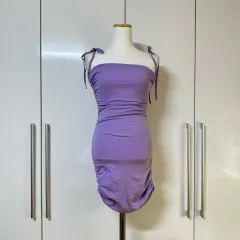 シャーリング リボン ノースリーブ ミニ ワンピース 紫