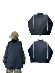 adidas(アディダス) ネイビー 白 3本線 スモール ロゴ オーバーサイズ ウインドブレーカー ジャケット XL