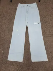 ライトブルー ダメージ ワイド デニム パンツ