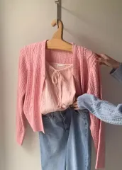 ケーブル編み ニットカーディガン ピンク