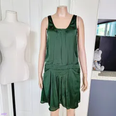 --- 5 000 一---( 44 サイズ ダークグリーン サテン ポケット ワンピース 937