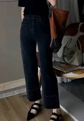 D13 ブラック デニム ストレート ワイド パンツ (新品)