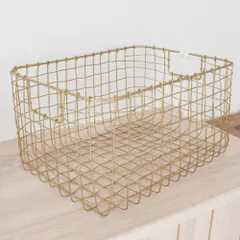 暮らしになじむオシャレなバスケットワイヤーバスケット かご 収納 真鍮風 長方形 角形 幅38cm 大サイズ アンティーク シトア