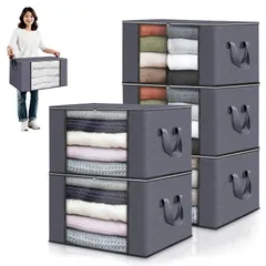 布団収納袋 衣類収納ケース 84L 大容量 5個組 衣装ケース 収納ボックス 毛布 洋服収納 通気性の良い不織布 透明窓付き 強化ハンドル 両開きダブルファスナー 折りたたみ式 押入れ収納 クローゼット整理 衣替え 引越し 季節収納 (グレー,（60長さ×…