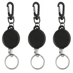 【新着商品】リールキーホルダー カラビナ付 伸縮自在 紛失防止 ブラック 3個組
