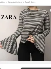 ZARA(ザラ) トランペットスリーブ リブニット 55 66 黒 ボーダー柄 Tシャツ S