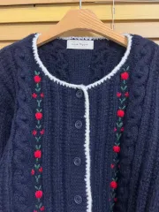 通販 レディース ネイビー エンブロイダリーカーディガン ラウンドカーディガン FREE