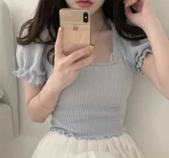 ジグザグ ミニポエ ニット パフ バンダル トップス ライトブルー