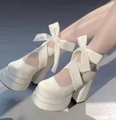 ホワイト リー リボン 厚底 ハイヒール