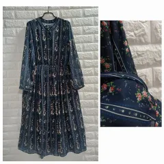 ホットピンク ネイビーガラスの花柄 ロング丈ワンピース