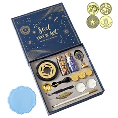  シーリングスタンプ セット 封蝋 スタンプ ワックス 炉 印面4種 シーリングワックス 初心者 招待状 結婚式 記念日 誕生日 祝い 手紙 印章 封書 装飾用 DIY ギフトボックス (青)