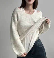 インニティ バイカラー レイヤード アルパカ Vネック ルーズフィット ニット アイボリー