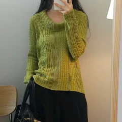 (F)レディース タートルネック オフショルダー 長袖 メッシュ ニット オリーブ b2M3167