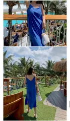 青 スリップ ロング丈ワンピース